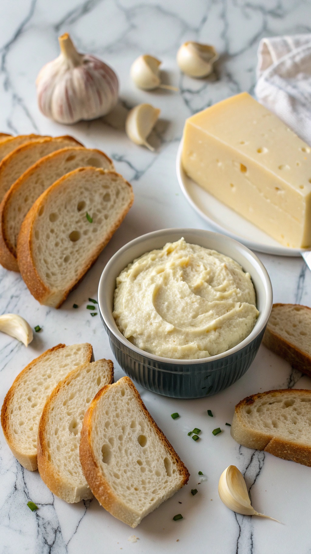 Garlic cheese spread in a bowl with low-carb bread slices and garlic cloves