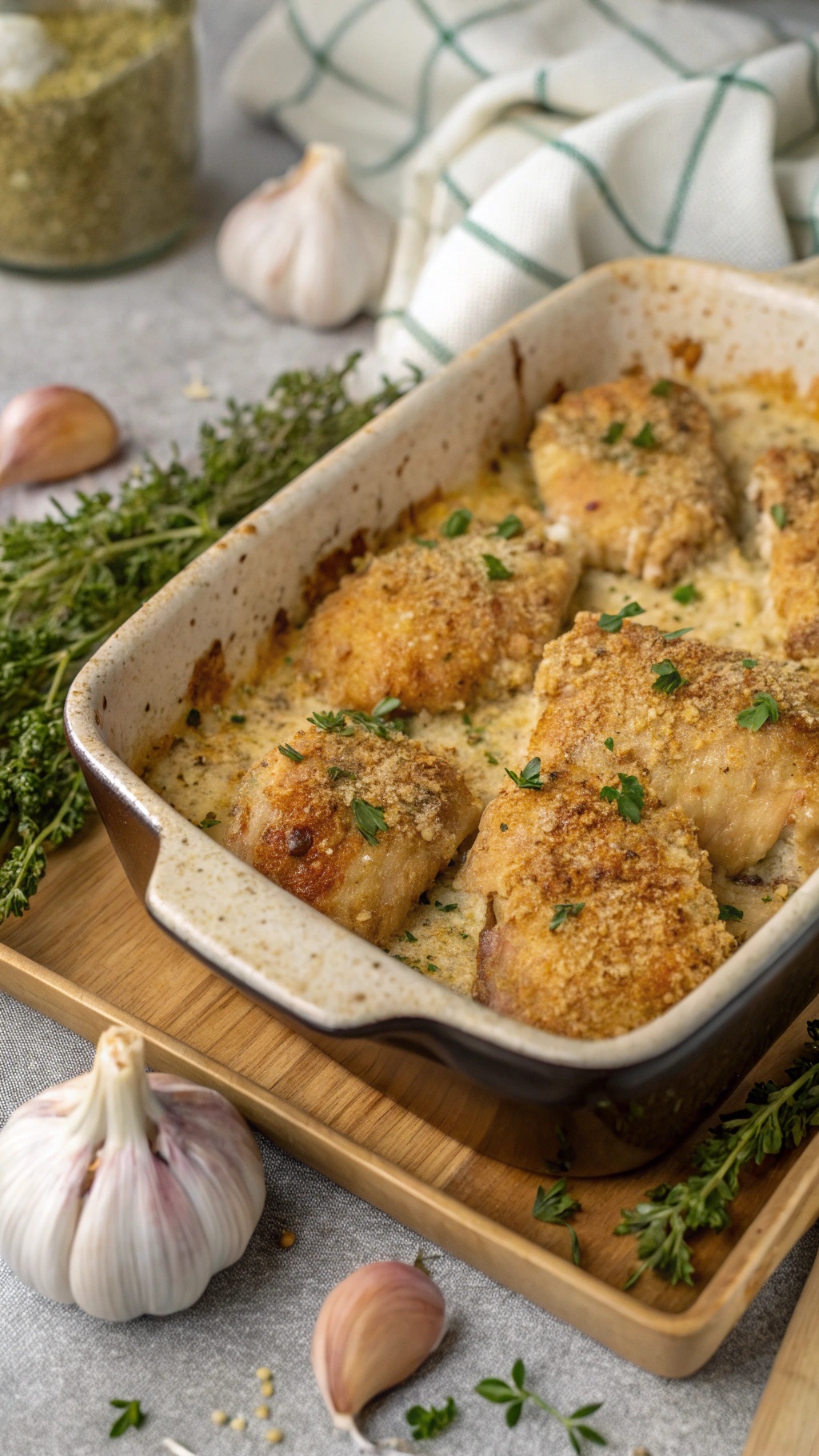 A delicious Garlic Parmesan Chicken Bake with golden crust and fresh herbs