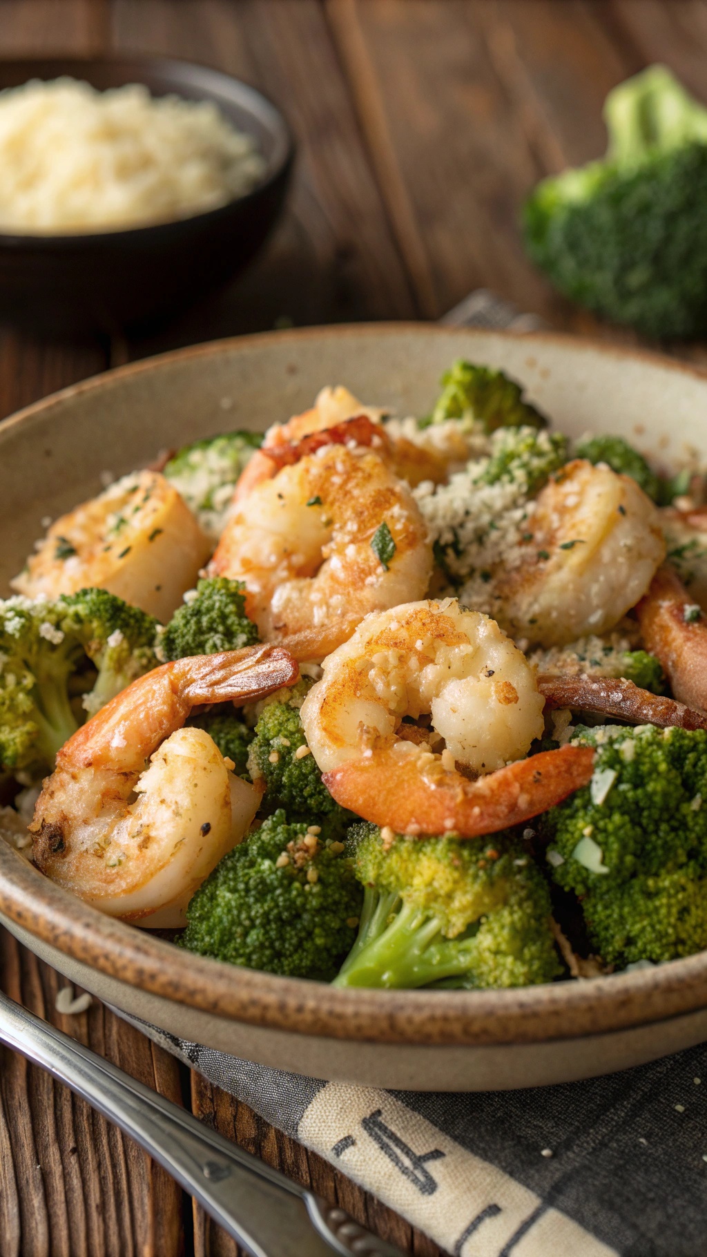 A bowl of garlic parmesan shrimp and broccoli, showcasing shrimp and broccoli in a creamy sauce.
