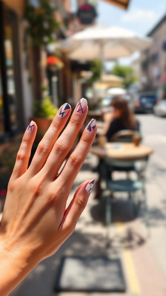 A hand holding a plate of brunch with geometric nail design, featuring eggs, fruits, and drinks.