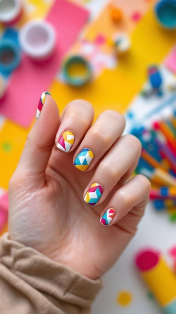 Colorful geometric nail designs with tape