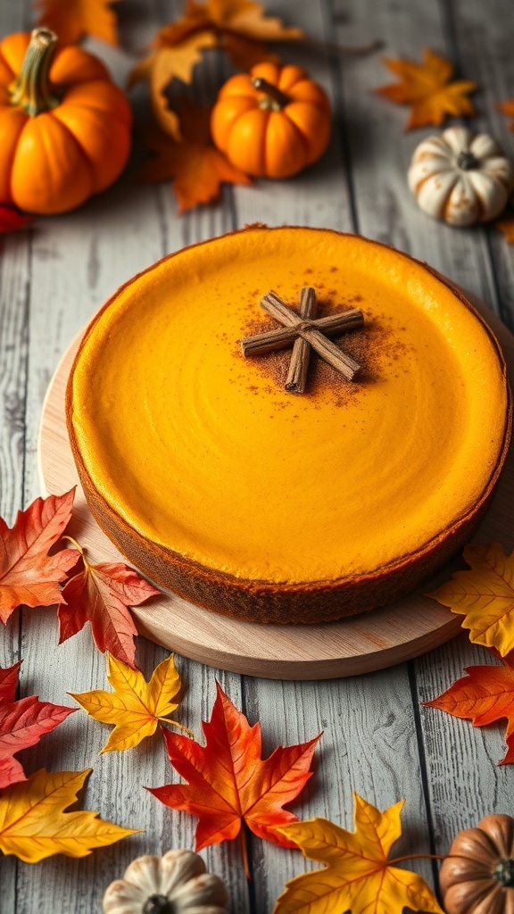 A pumpkin spice protein cheesecake surrounded by autumn leaves and small pumpkins.