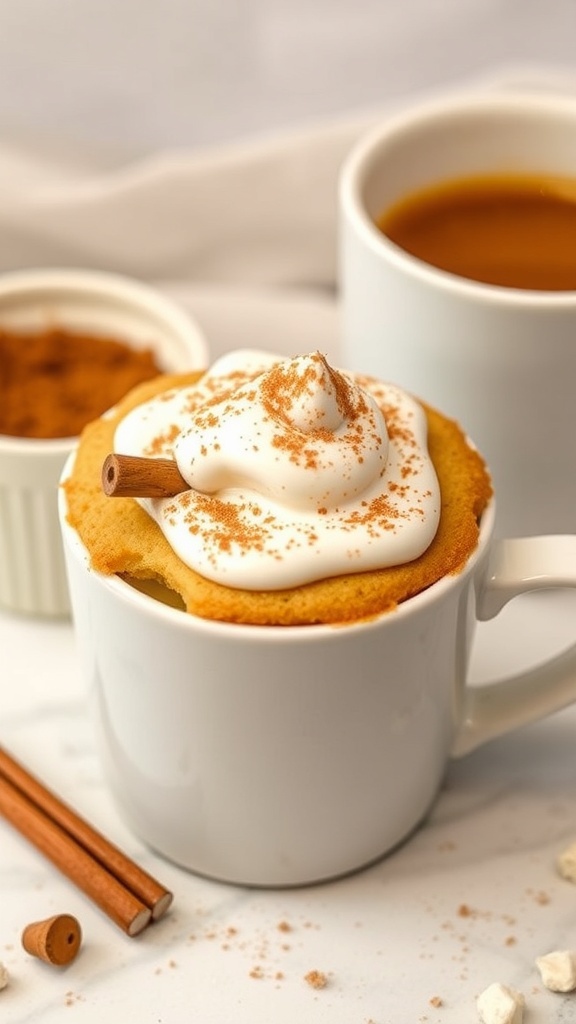 A warm cinnamon keto mug cake topped with whipped cream and a cinnamon stick, with a cup of coffee in the background.