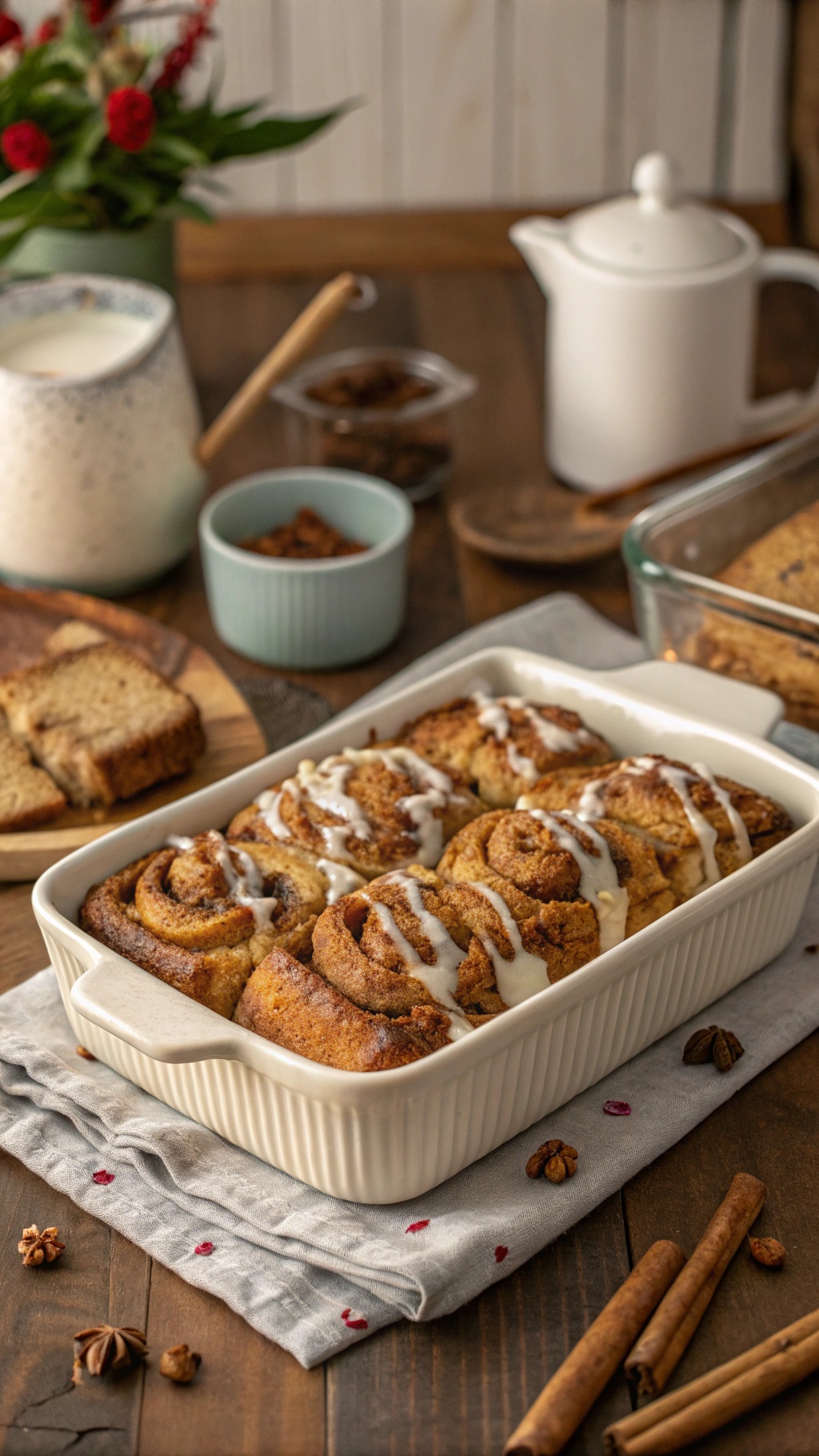 A delicious Cinnamon Roll French Toast Casserole topped with icing, surrounded by cinnamon sticks and a cozy kitchen setting.