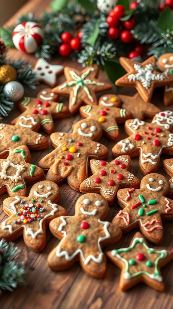 A variety of decorated gingerbread cookies shaped like stars and gingerbread men, surrounded by festive decorations.
