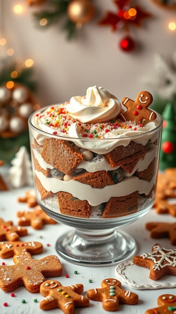A festive gingerbread trifle with layers of gingerbread cookies and whipped cream, topped with a gingerbread cookie and colorful sprinkles.