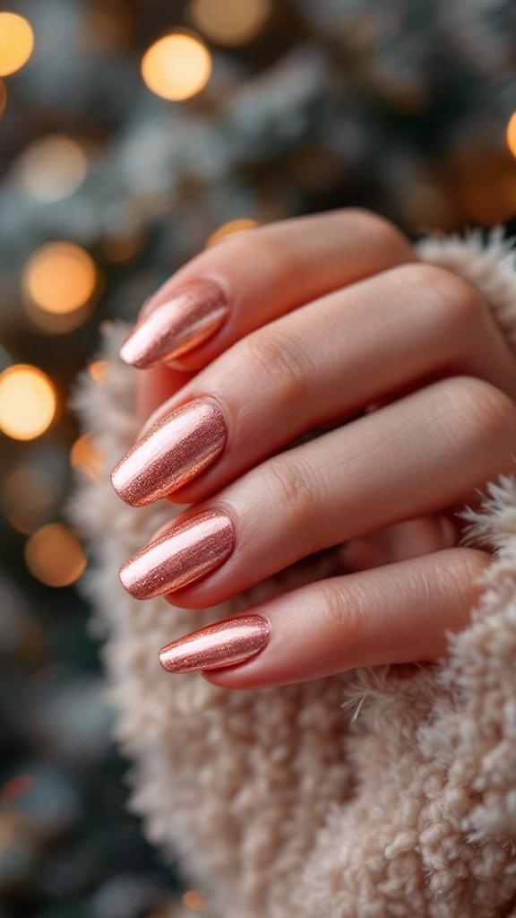 Close-up of manicured hands with glistening rose gold nails against a blurred festive background