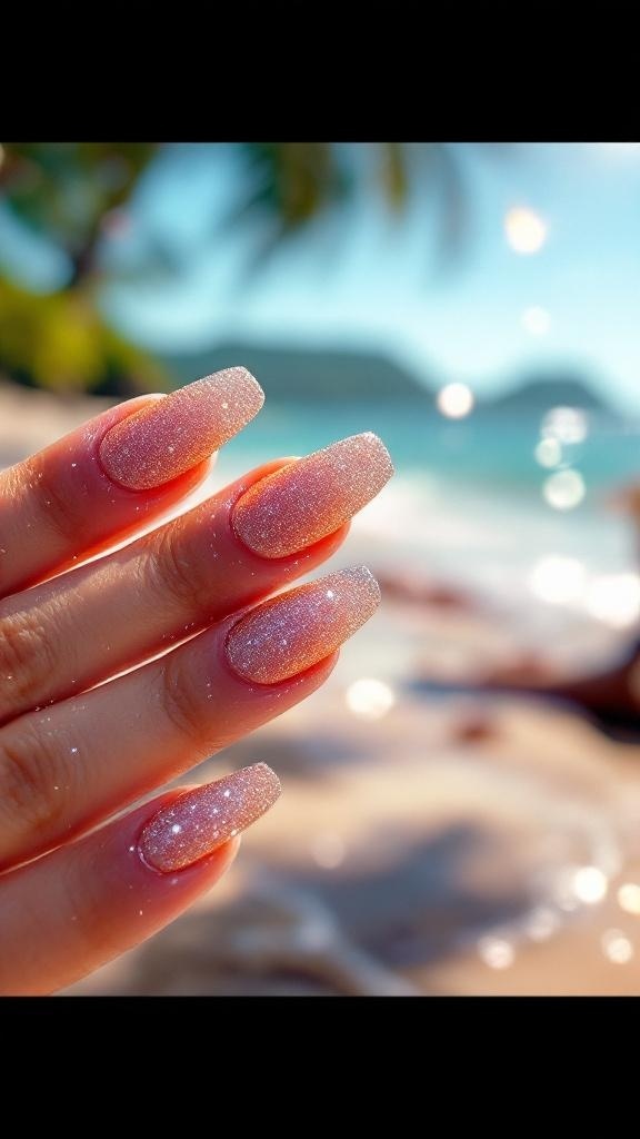 Close-up of glittery pink nails against a beach background