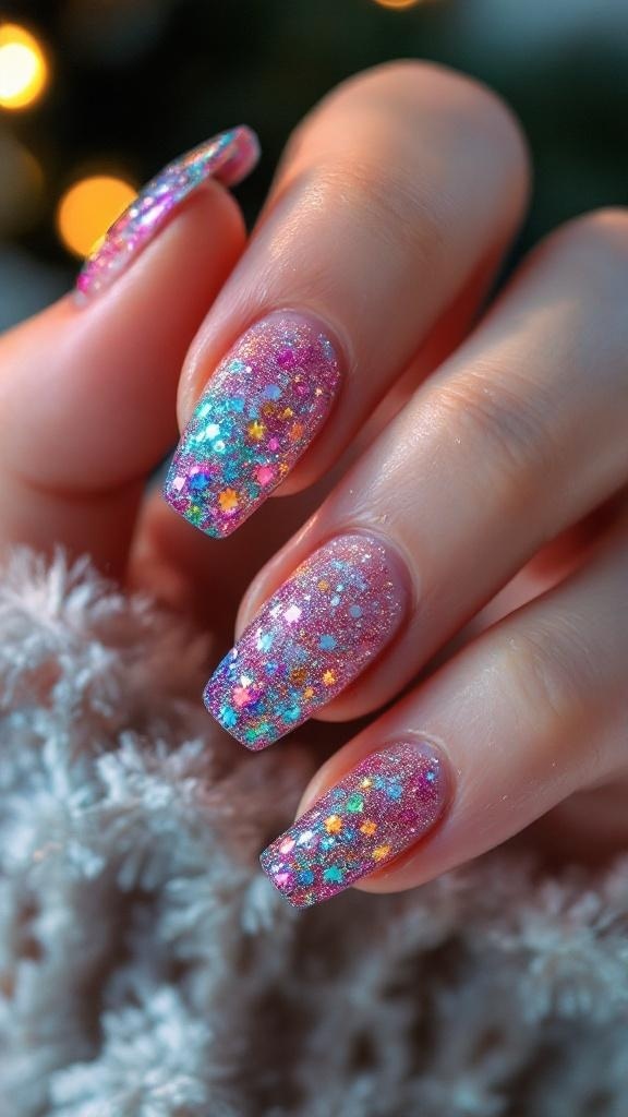 Close-up of hands with glittery pink and blue nails