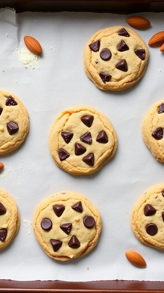 Gluten-free almond flour chocolate chip cookies on parchment paper with almond slivers.