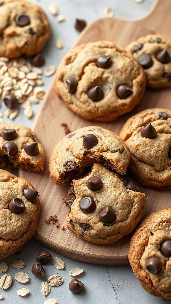 Gluten-free vegan chocolate chip cookies on a wooden board with oats and chocolate chips scattered around.