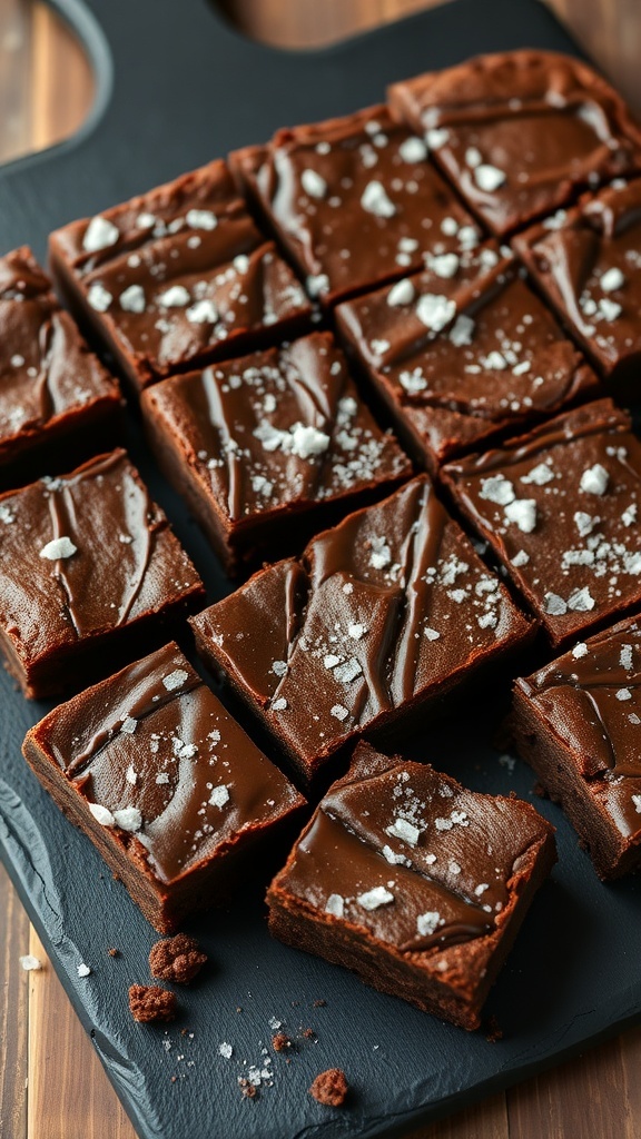 Delicious gooey vegan protein brownies cut into squares, topped with sea salt.
