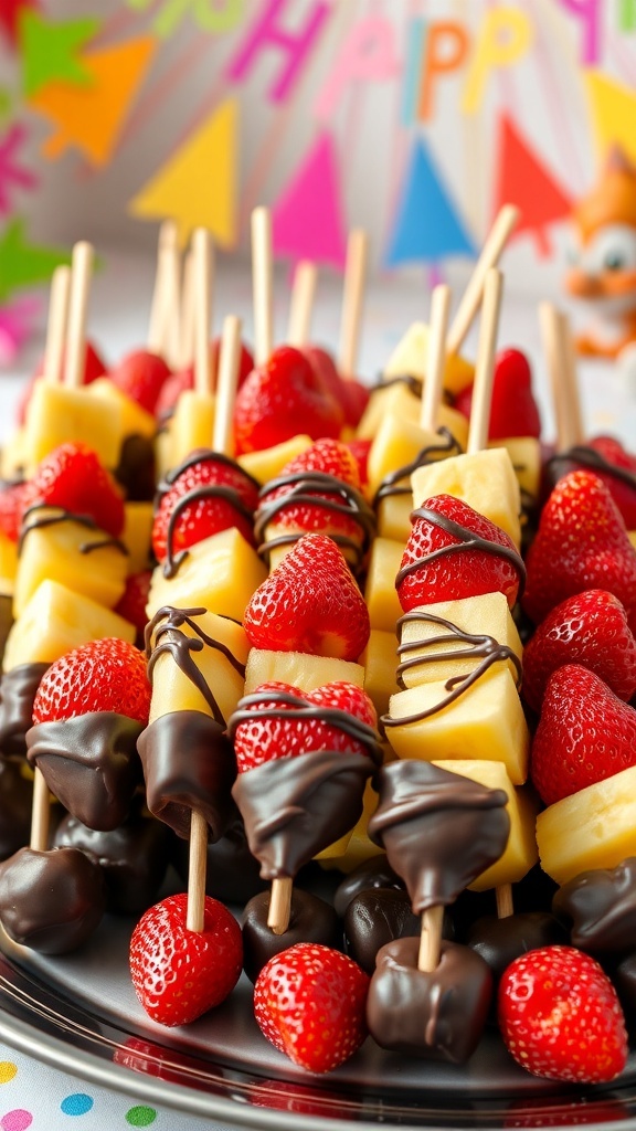 Colorful gourmet chocolate-dipped fruit skewers with strawberries and pineapple on a festive background.