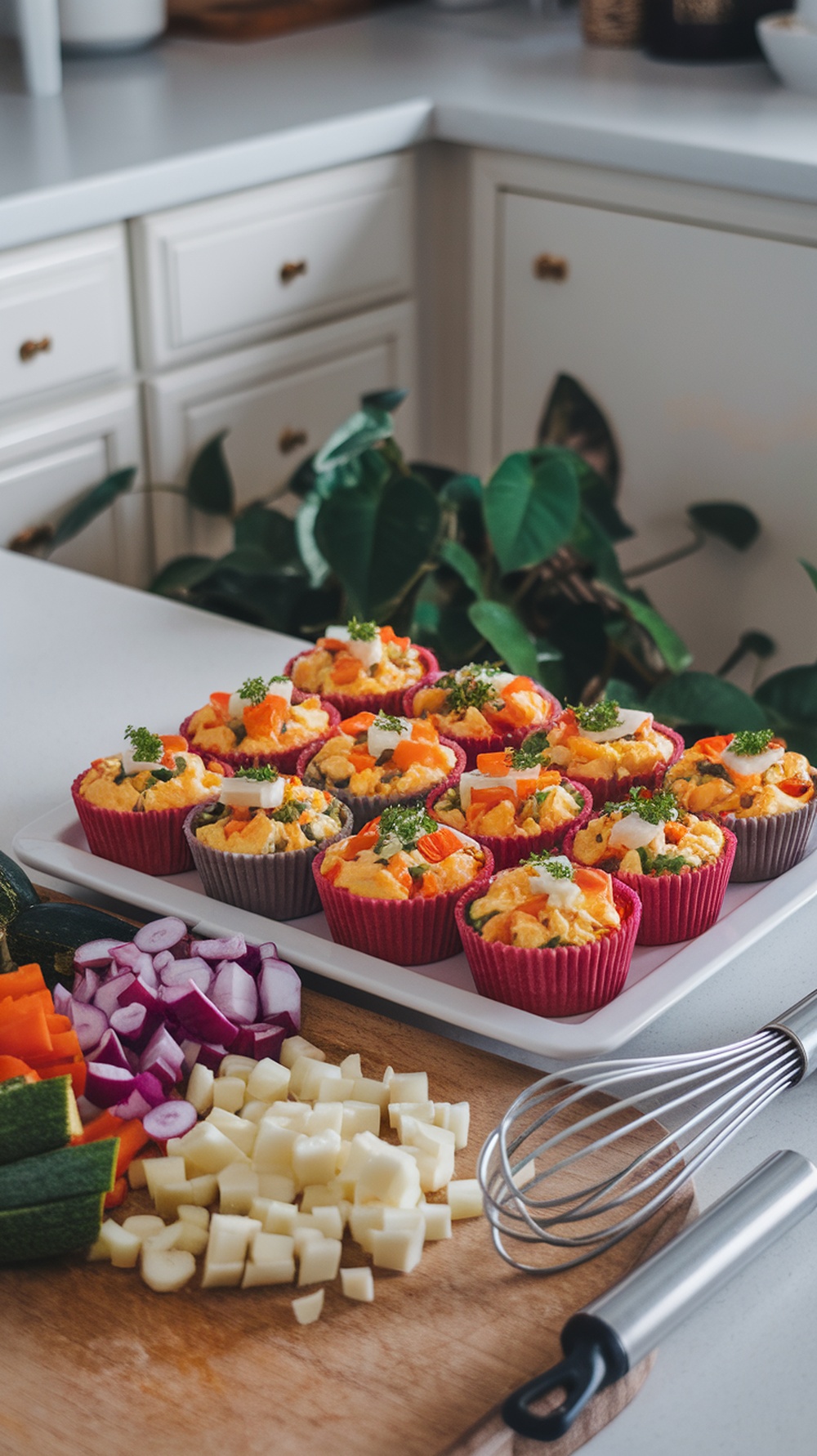 A tray of colorful gourmet egg muffins with various vegetables on a kitchen counter.
