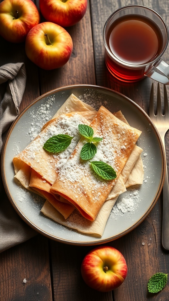 A plate of gourmet keto apple crêpes with powdered erythritol and mint leaves, surrounded by fresh apples and a cup of tea.