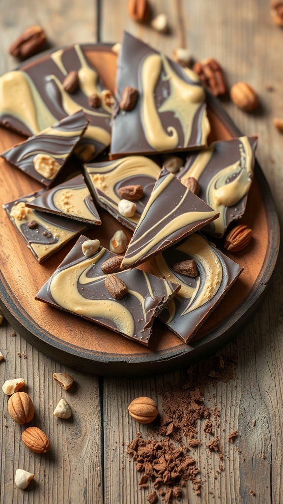Gourmet low-carb peanut butter chocolate bark with nuts on a wooden platter