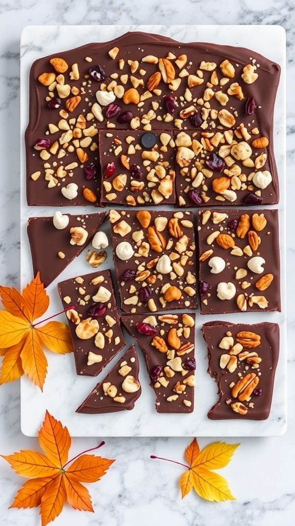 Gourmet no-bake chocolate bark topped with nuts and dried fruits, surrounded by autumn leaves.