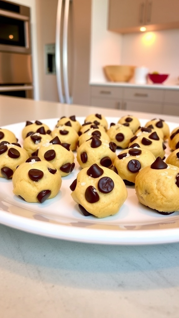 A plate of no-bake chocolate chip cookie dough bites
