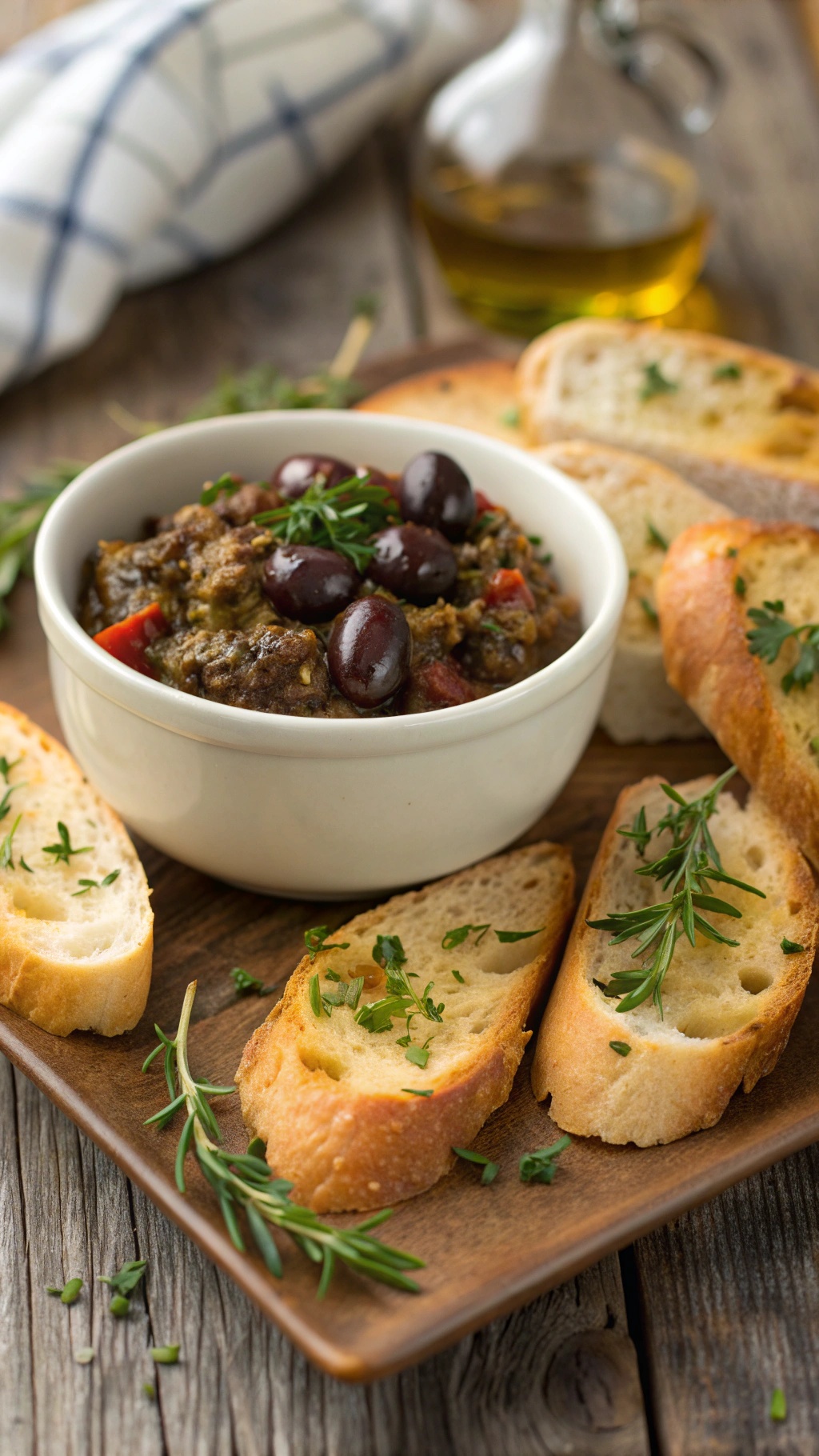 A bowl of olive tapenade with slices of toasted bread and fresh herbs on a wooden platter.