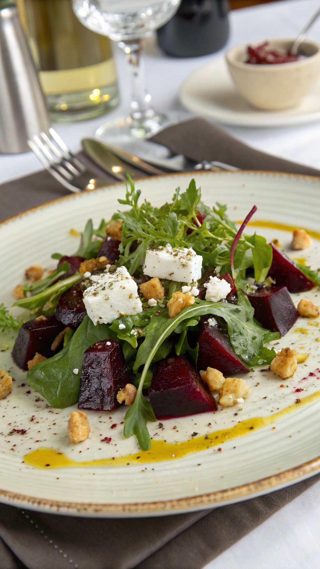 A gourmet roasted beet and goat cheese salad with mixed greens, nuts, and a drizzle of olive oil.