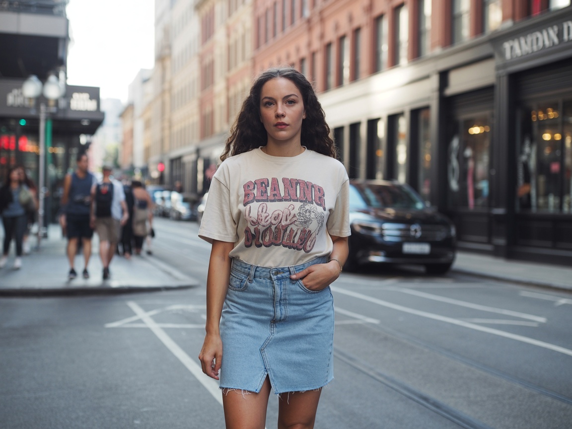 A young woman wearing a graphic tee and denim skirt, standing in a vibrant street setting.