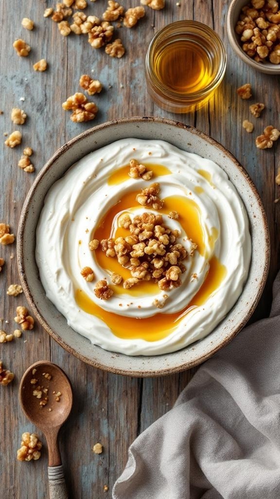 A bowl of Greek yogurt topped with honey and crunchy bits, surrounded by a wooden spoon and a glass of honey.