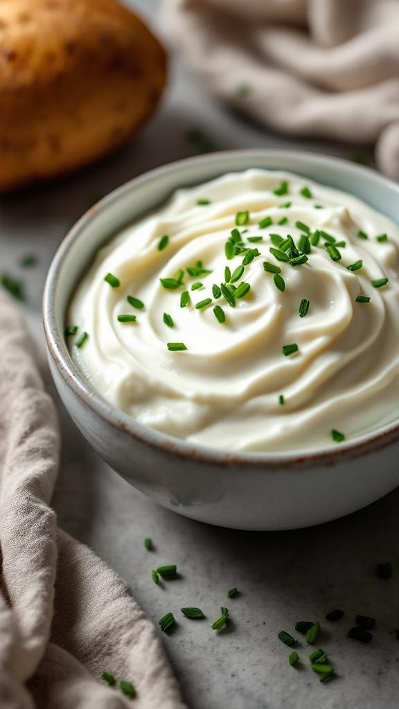 Bowl of Greek yogurt topped with chives, next to a potato and a cloth