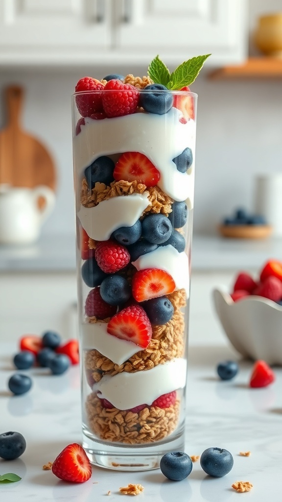 A tall glass filled with layers of Greek yogurt, granola, and mixed berries, garnished with a mint leaf.
