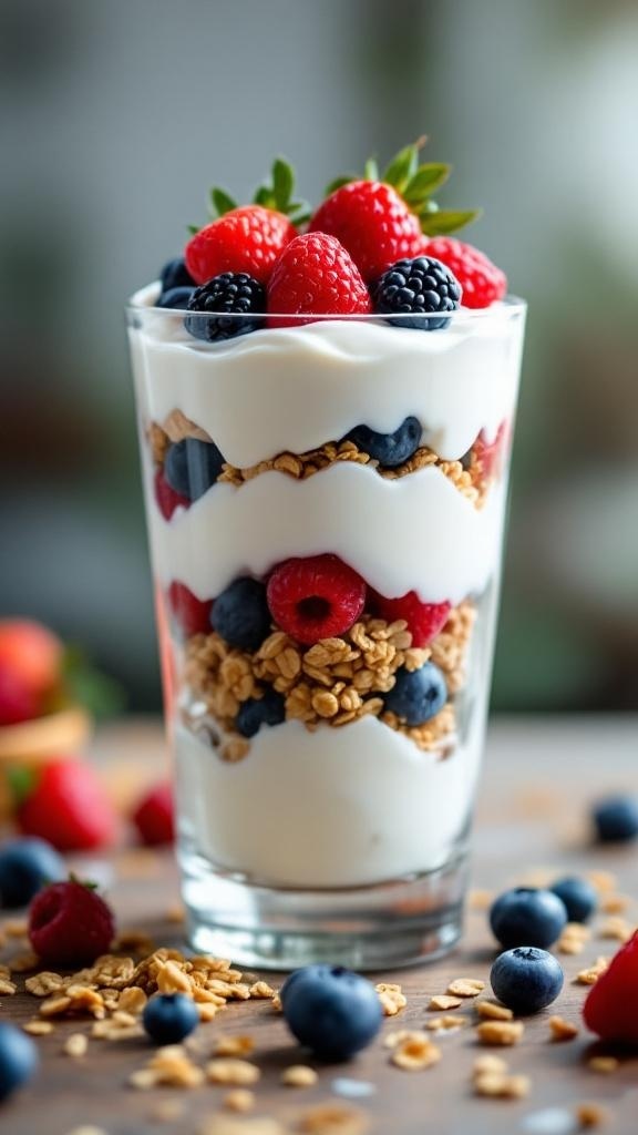 A delicious Greek yogurt parfait layered with berries and granola in a glass.