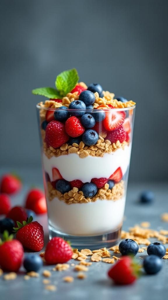 A delicious Greek yogurt parfait layered with strawberries, blueberries, and granola, garnished with a mint leaf.