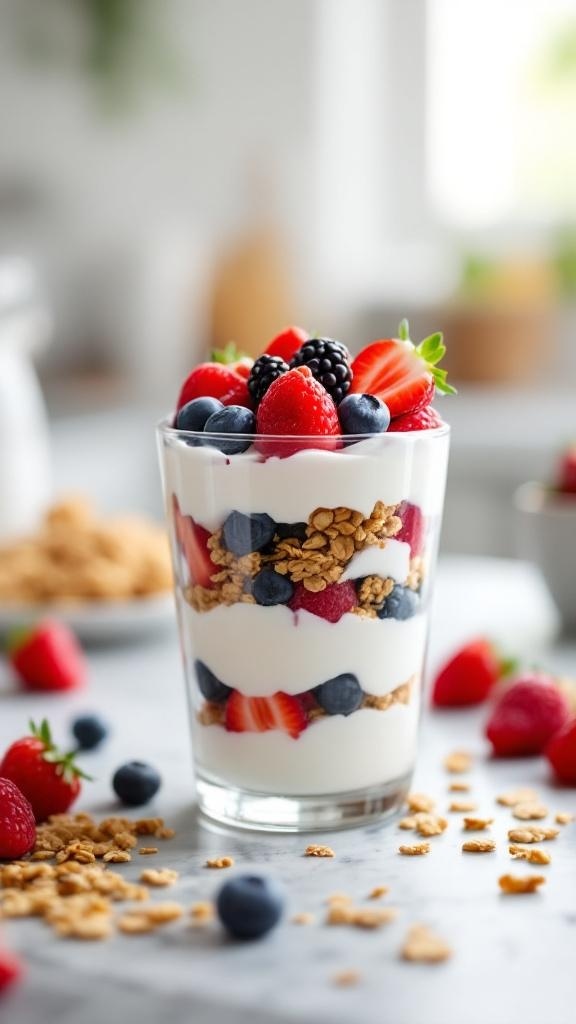 A Greek yogurt parfait with layers of yogurt, berries, and granola in a clear glass.