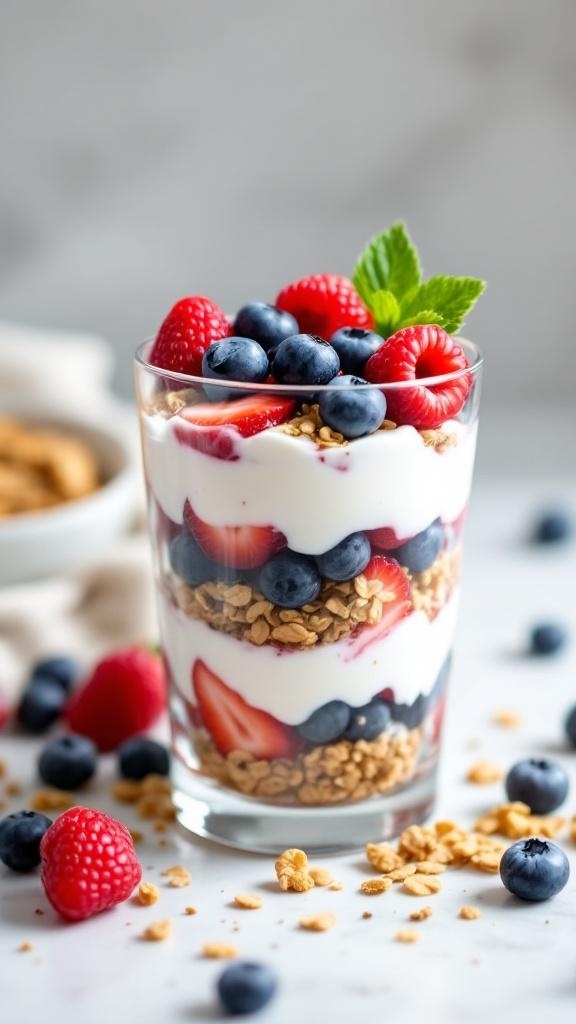 A delicious Greek yogurt parfait with layers of yogurt, strawberries, blueberries, and granola topped with fresh berries and mint.
