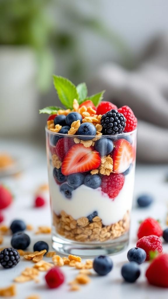 A glass of Greek yogurt parfait layered with strawberries, blueberries, raspberries, and granola, garnished with mint leaves.
