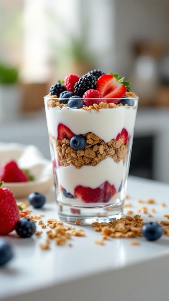 A delicious Greek yogurt parfait with layers of yogurt, granola, and fresh berries in a glass.