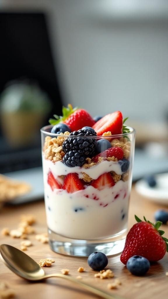 A Greek yogurt parfait with layers of yogurt, strawberries, blueberries, blackberries, and granola in a glass.