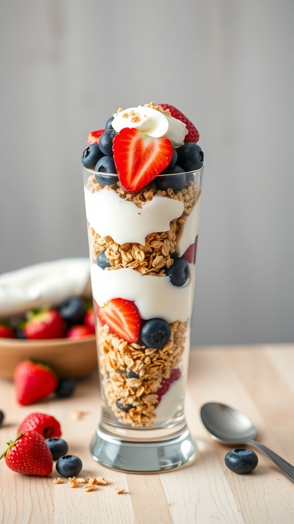 A delicious Greek yogurt parfait with granola and fresh fruits.