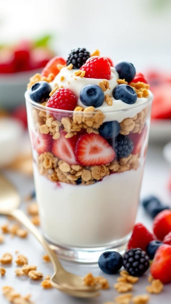 A delicious Greek yogurt parfait with layers of yogurt, fresh berries, and granola in a glass.