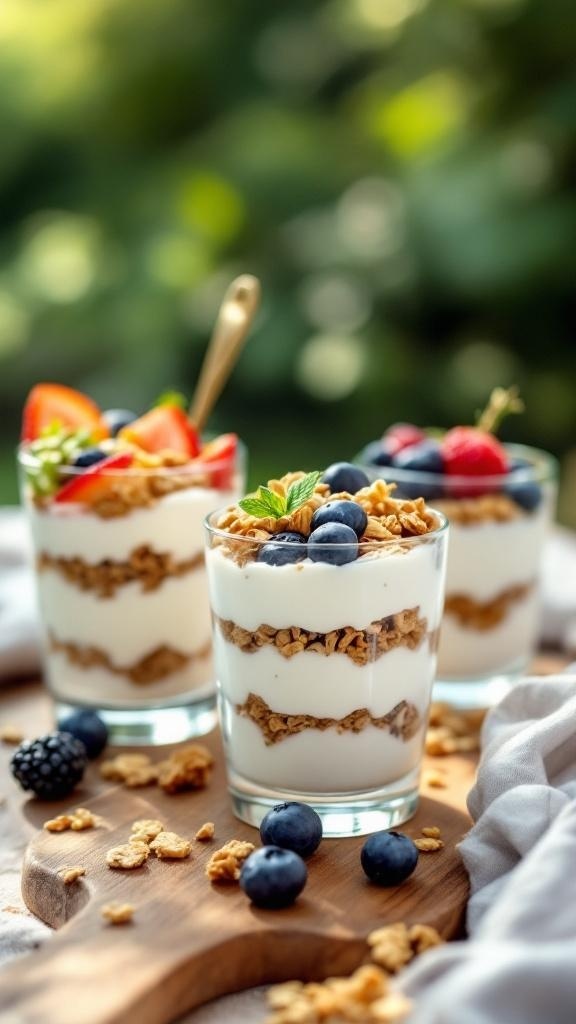 Three Greek yogurt parfaits with layers of yogurt, granola, and fresh berries