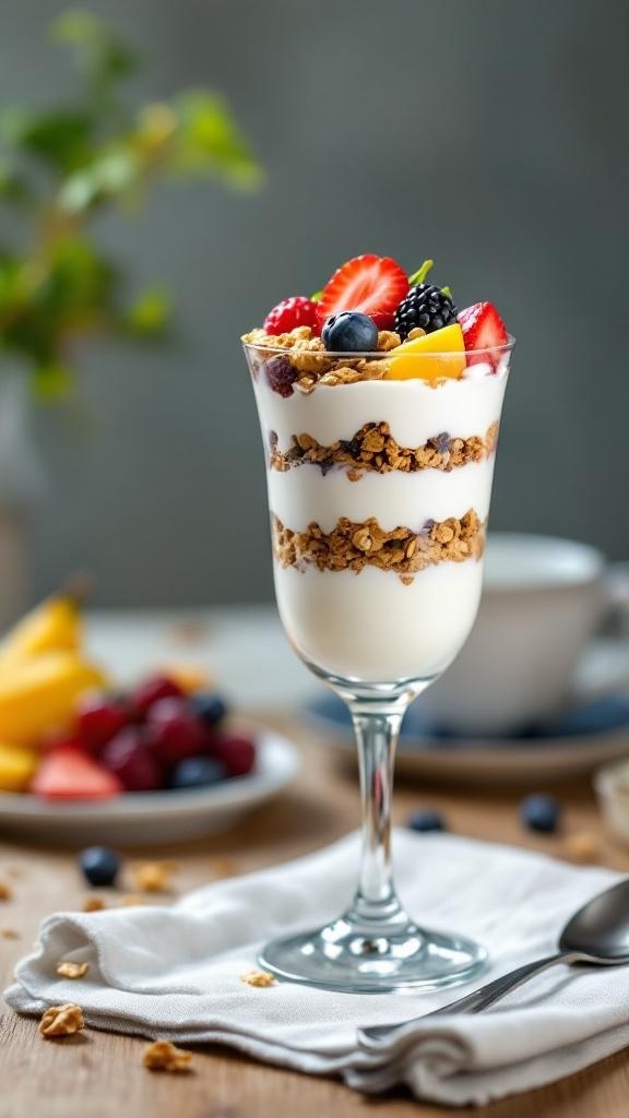 A delicious Greek yogurt parfait with granola and fresh fruits in a glass.