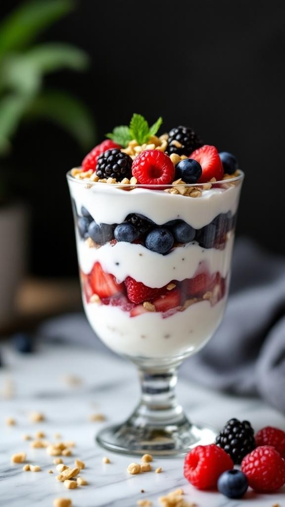 A glass of Greek yogurt layered with fresh berries and nuts, garnished with a mint leaf.
