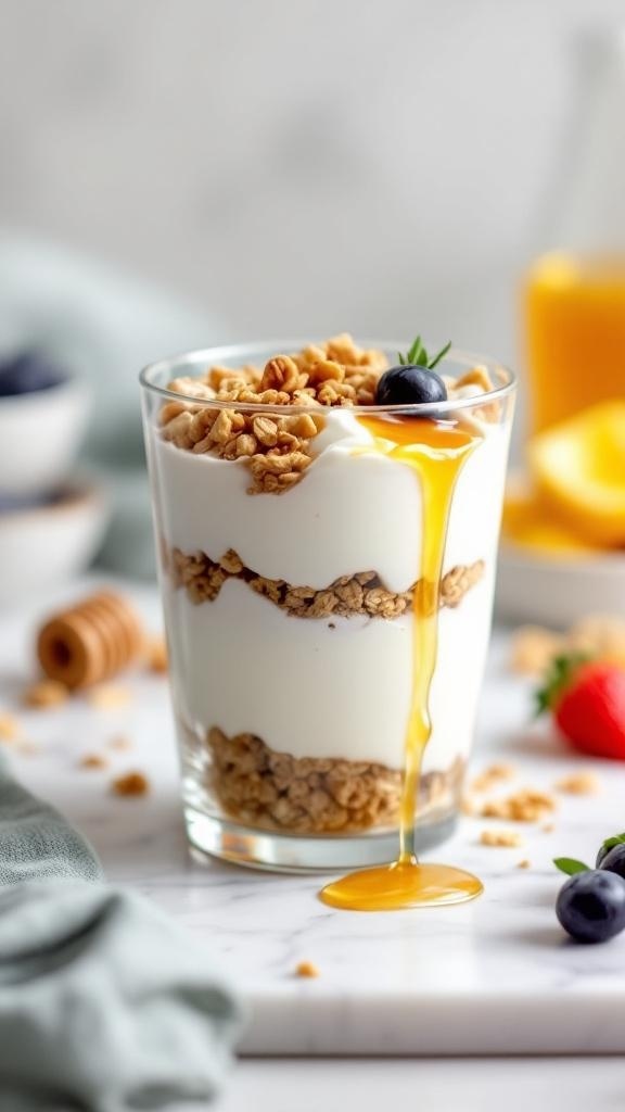 A glass of Greek yogurt layered with granola and honey, topped with a blueberry.