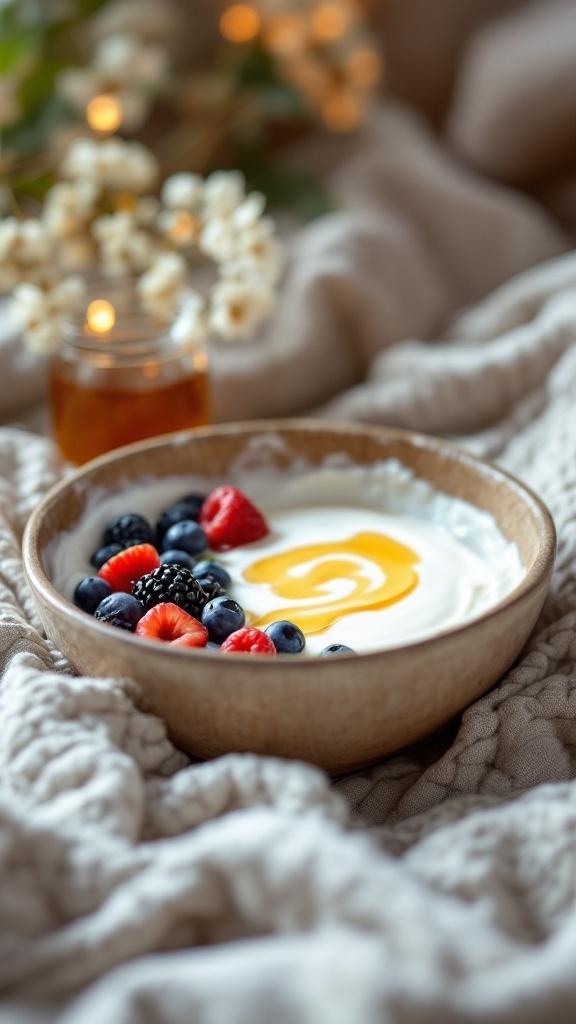 A bowl of Greek yogurt topped with honey and mixed berries, placed on a cozy blanket.