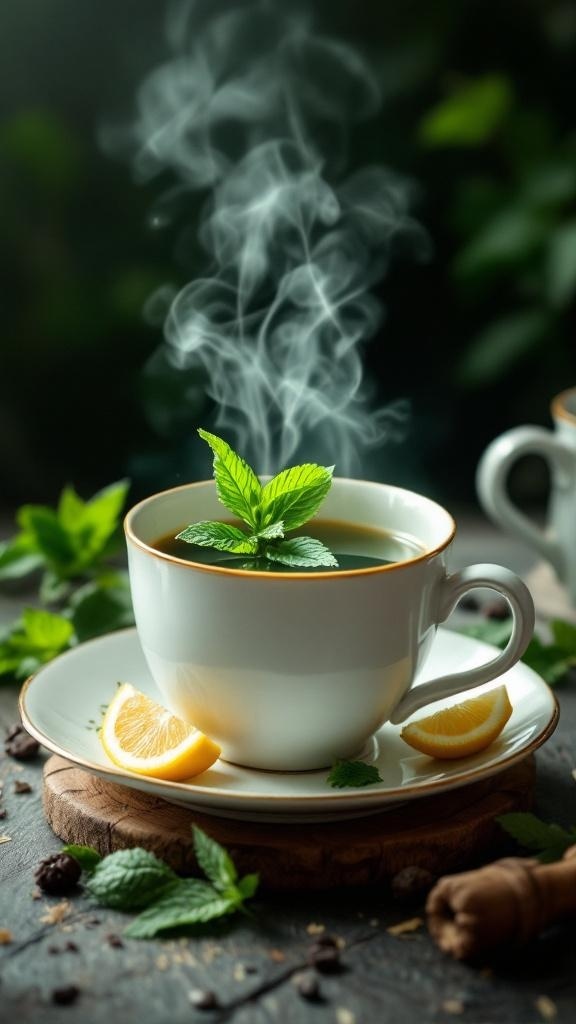 A steaming cup of green tea with mint leaves and lemon slices on a wooden surface.