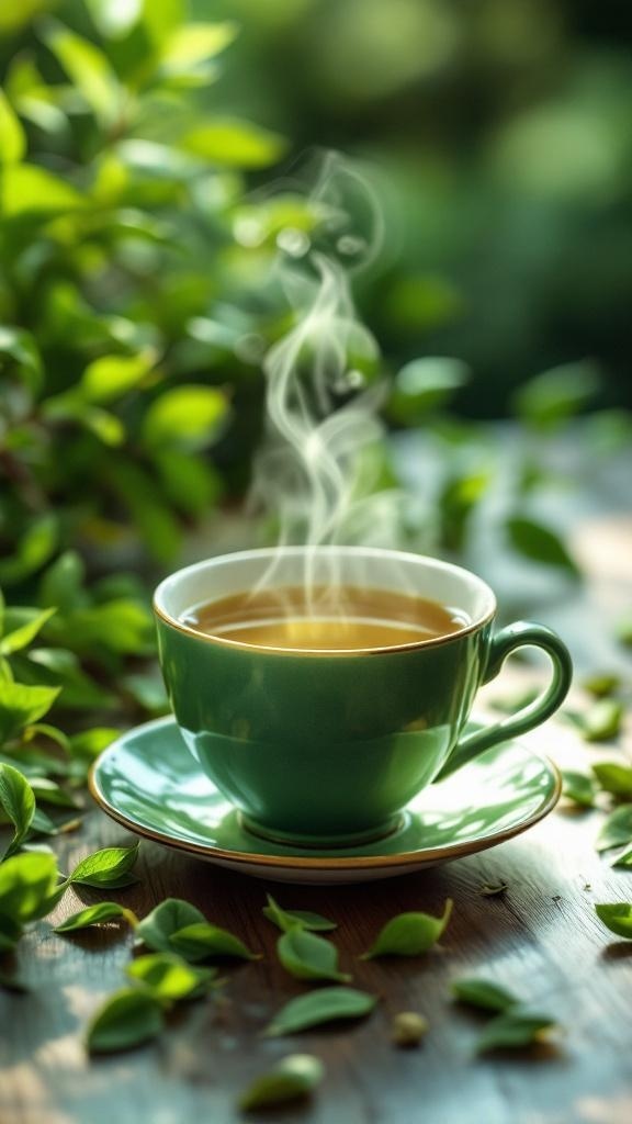 A steaming cup of green tea surrounded by fresh green leaves on a wooden surface.