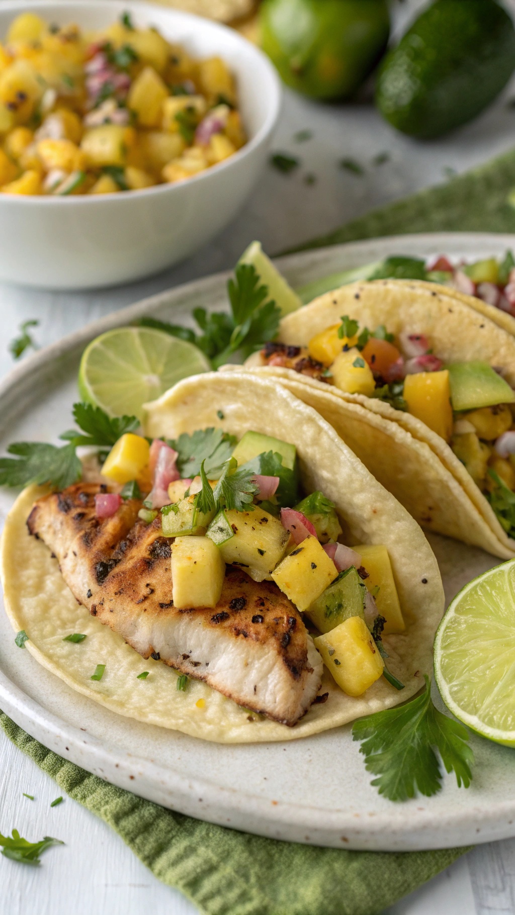 Grilled mahi mahi tacos with pineapple salsa on a plate, garnished with lime and cilantro.