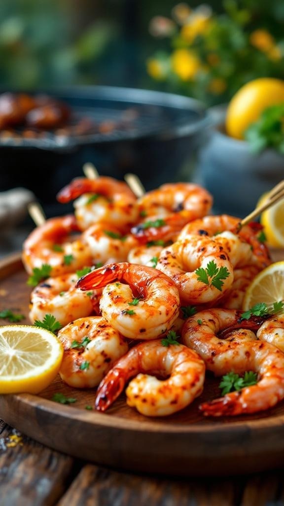 Grilled shrimp skewers garnished with parsley and lemon slices