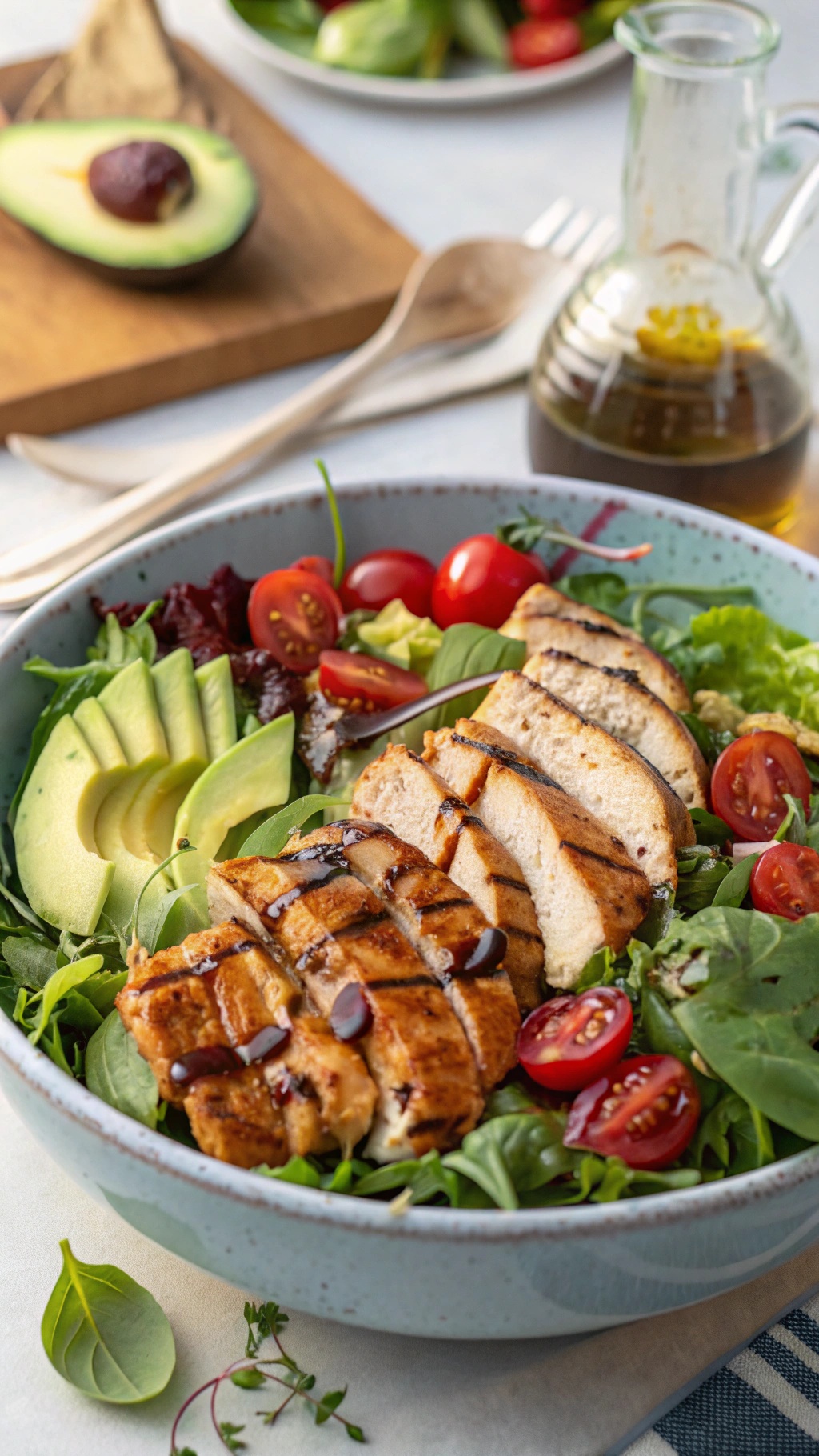 A colorful bowl of grilled teriyaki chicken salad with avocado, cherry tomatoes, and mixed greens.