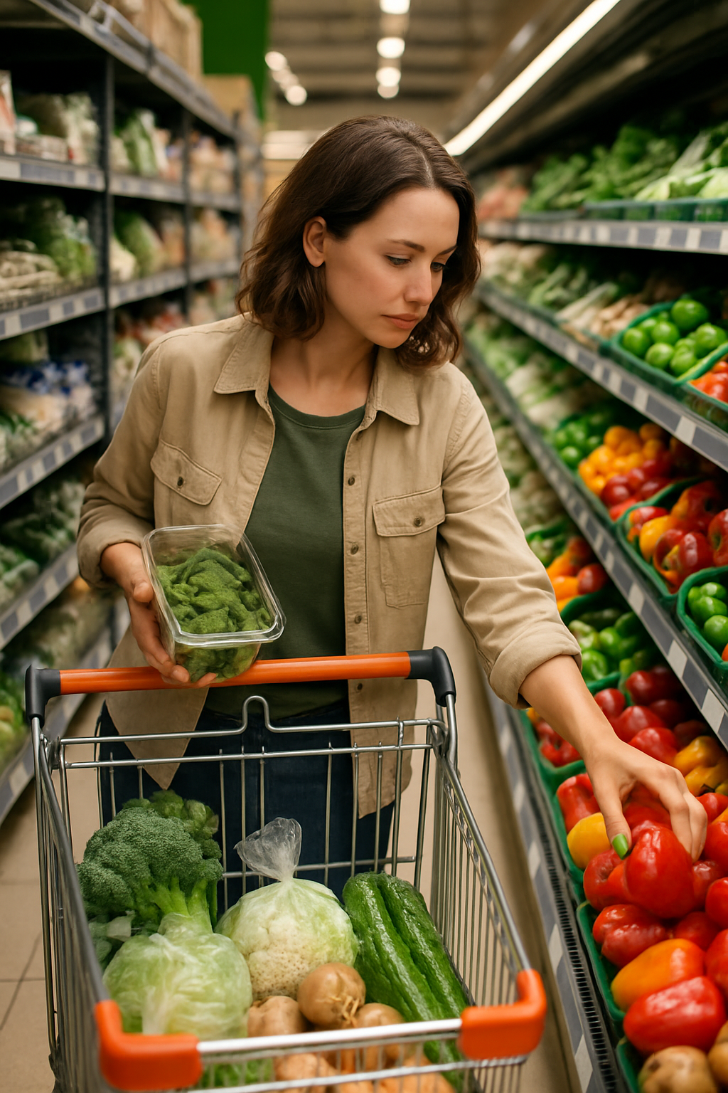 A person shopping in a grocery store, selecting fresh produce with a shopping cart.