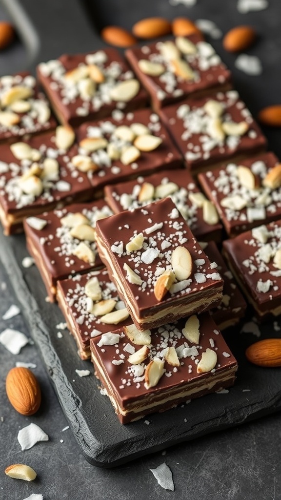Guilt-Free Almond Joy Bars topped with almonds and coconut on a slate board