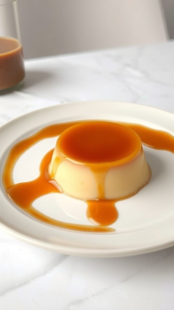 A beautifully plated caramel flan with a glossy caramel sauce drizzled on top.